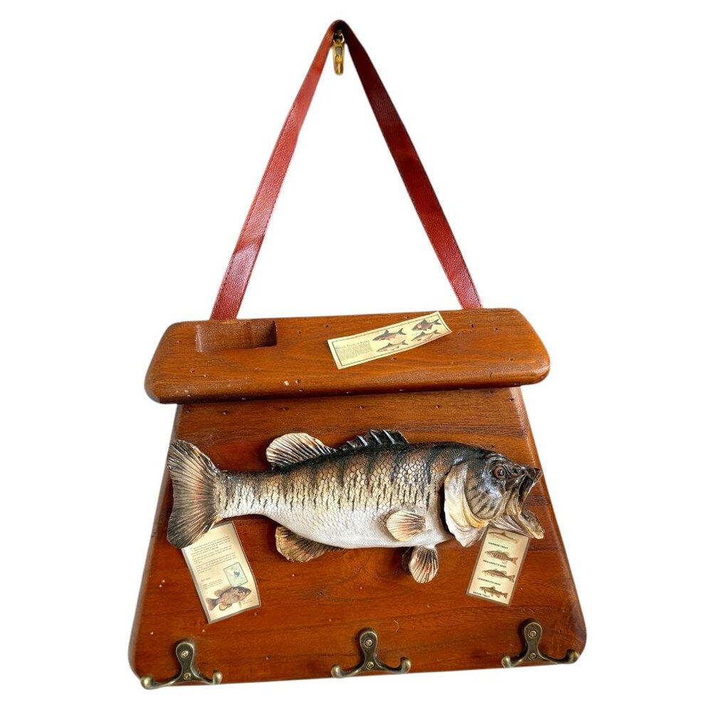 Vintage Brown Wood Fish Wall Hanging with Mounted Bass